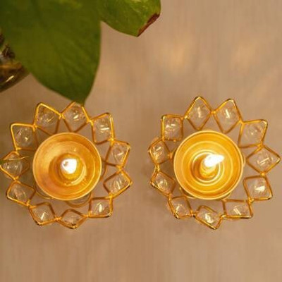 DARIDRA BHANJAN brass diya crystal diya deepak crystal diyas / Brass kuber diya ( Set of 2 ) Brass Table Diya(Height: 3.5 inch)
