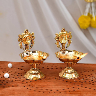 Crinikle Brass Shankh Chakra Decorative Pooja Diya Brass (Pack of 2) Table Diya Set(Height: 3.5 inch)