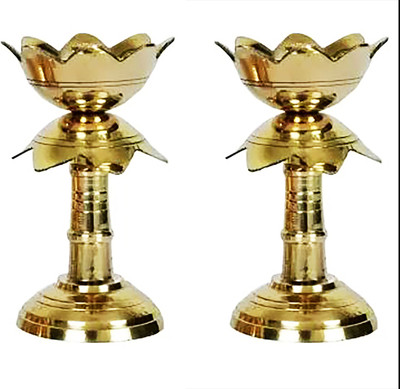 Giftonia Kamal Stand Diya / Lotus Lamp for Home / Mandir Pooja Pure Brass (Pack of 2) Table Diya(Height: 4.5 inch)