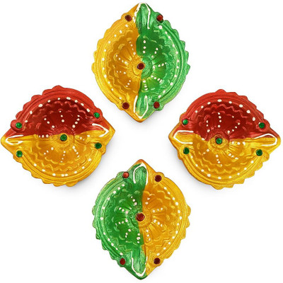 Foursissy Festival Decorative Printed Clay Diya Oil Lamps for Diwali Pooja Purpose Terracotta (Pack of 4) Table Diya Set(Height: 1.5748 inch)