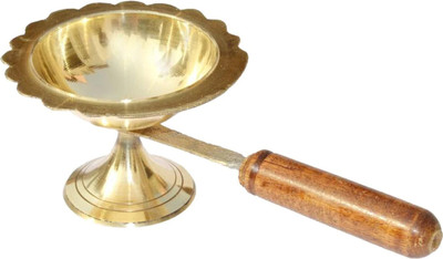 divine mart Brass Diya with wooden Handle Brass Diya Pital Diya Brass Table Diya(Height: 2 inch)