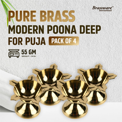 Brassware International Pure Brass Modern Poona Deep for Puja | Set of 4 | S Size 55 gm/piece Brass (Pack of 4) Table Diya Set(Height: 2 inch)