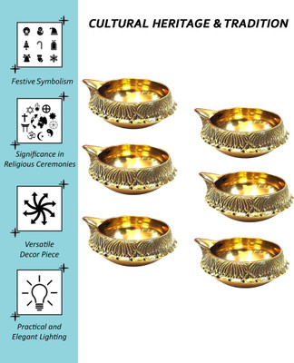 T-KA108 Brass Kuber Diya Engraved Design Diyas for Pooja Brass (Pack of 6) Table Diya Set(Height: 1.5 inch)