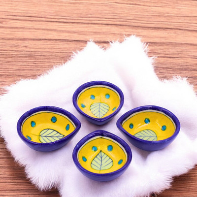 Natriel Blue Pottery Diyas Hand Painted Yellow & White with Sky Blue Leaf Patterns Pottery (Pack of 4) Table Diya Set(Height: 0.78 inch)