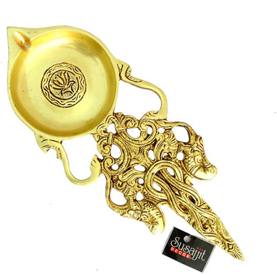 SUSAJJIT DECOR Asthetic Brass Decoratie Diya Spritual spoon oil lamp with Intricate Design Brass Table Diya(Height: 10.5 inch)