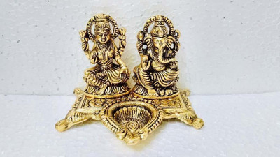 Astro Solution Hub Handicraft Laxmi Ganesh Idol - Decorative Platter with Diya - Laxmi Ganesha Murti - Showpiece - Antique Gift Brass Table Diya(Height: 5 inch)