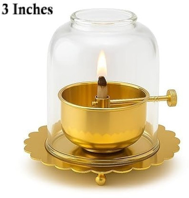 Crafty Creation Akhand Diya with Adjustable Wick for Pooja | Long Burning Lamp & Glass Chimney Brass Table Diya(Height: 3 inch)