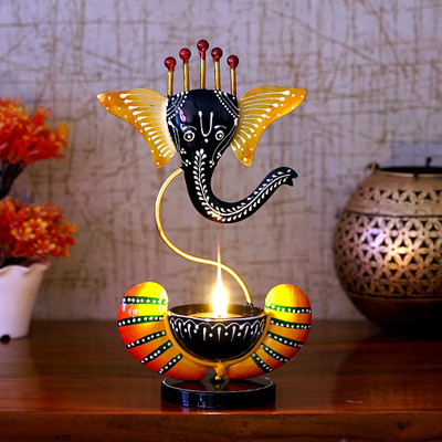 Medieval Arts Handpainted Decorative Showpiece Ganeshji T-Light Candle Holder Iron Table Diya(Height: 11 inch)