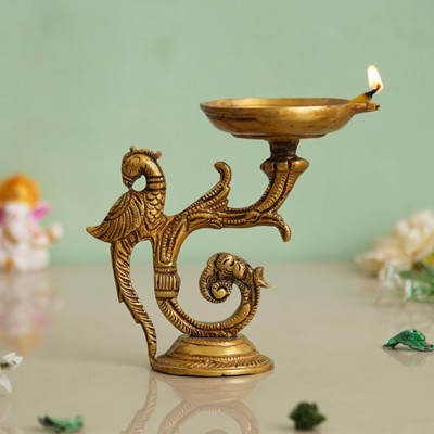 eCraftIndia Golden Beautifully Handcrafted Peacock Design Brass Diya Deepak Brass Table Diya(Height: 5.51 inch)