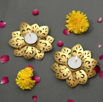 THEWROWORLD Gold Lotus Shaped Tealight Candle Holders Brass Table Diya(Height: 5 inch)