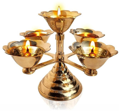 Pure Source (India) 5 Faced Ethnic Panchadeep | Bhadradeepam /Lamp/Akhand Diya for Mandir Brass Table Diya(Height: 8 inch)