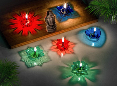 Everwood 3D Shadow Reflection Floating Plastic Lamp/Decorative Diwali Diya Candle Plastic (Pack of 12) Table Diya Set(Height: 1 inch)
