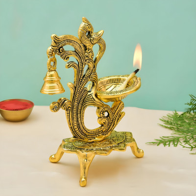 HSONLINE Decorative Diya with Bell Peacock Diya Stand Housewarming/Diwali Gift Aluminium Table Diya(Height: 8 inch)