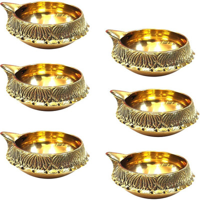 Effigy Onlinehub Brass Kuber Diya Engraved Design Diyas for Pooja Brass (Pack of 6) Table Diya Set(Height: 1.5 inch)