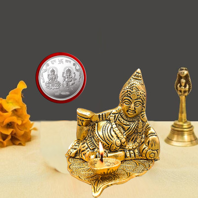 Kitlyn Kuber ji Sitting on Pipal Leaf With Diya Stand | Laxmi Ganesh Silver Coin | Gift Aluminium Table Diya(Height: 3.5 inch)