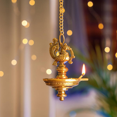 Bhimonee Decor Bhimonee Handmade Ethnic Peacock Brass Hanging Diya for Decoration, 1 Pc Brass Hanging Diya(Height: 5.51 inch)