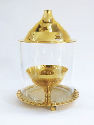 sanskaari Brass Medium Akhand Diya Akhand Jyoti Deepak,Glass diya diwali Brass Table Diya(Height: 4.1 inch)