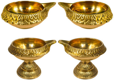 Dharu Enterprises BRASS KUBERA DIYAS AND KUBERA STAND DIYAS COMBO Brass (Pack of 4) Table Diya Set(Height: 2.5 inch)