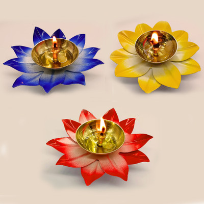 Vintageware Lotus Diya Deepak Combo (Red, Blue, Yellow) Brass, Iron Table Diya Set(Height: 1.5 inch)