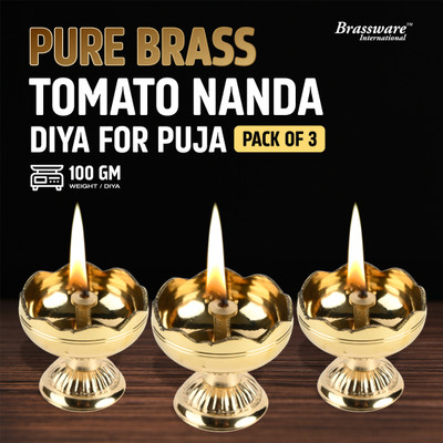 Brassware International Pure Brass Tomato Nanda Diya for Puja | Set of 3 | M Size 100 gm/piece Brass (Pack of 3) Table Diya(Height: 1.9 inch)
