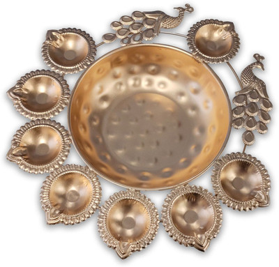 Anayra International Brass Peacock 8 Diya Urli Bowl | Traditional Home Décor & Pooja Floating Urli Brass Table Diya(Height: 1.9 inch)