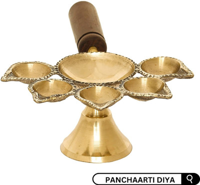 DARIDRA BHANJAN Aarti Diya for Pooja | Panchmukhi Diya | Diya for Pooja | Wooden Handle diya Brass Table Diya(Height: 3 inch)