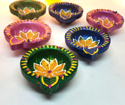 Ascension Designer Deepak Reusable Diya Colorful Diya for Diwali Navratri Decoration Earthenware (Pack of 6) Table Diya Set(Height: 2.5 inch)