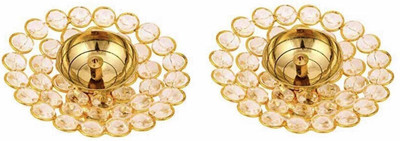 T-KA108 Set of 2 Round Crystal Akhand Diya Deep Brass (Pack of 2) Table Diya(Height: 1.5 inch)