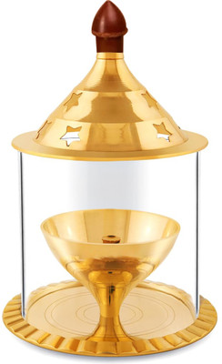 THANGAM Thangam Brass Diya with Glass Chimney & Lid for Pooja, Festivals & Home Décor Brass Table Diya(Height: 5 inch)
