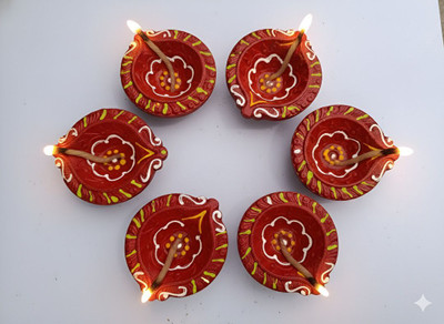 FitHarvest Handcrafted Decorative Clay Diya Set,Eco-Friendly Painted diya | Terracotta (Pack of 6) Table Diya Set(Height: 1 inch)