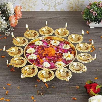 ALL.NATION.IMPEX Diya Shape Flower Decorative Urli Bowl for Home Handcrafted Bowl Iron Table Diya Set(Height: 10 inch)