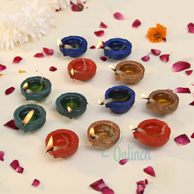 BS NATURAL Unic Design Decorative Clay Diya, Glossy Finish Color Designer Clay Diyafor puja Earthenware (Pack of 12) Table Diya Set(Height: 1 inch)