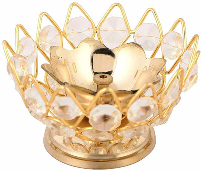 T-KA108 Brass Round Crystal Akhand Diya Deep Oil Lamp for Home Temple Brass Table Diya(Height: 2.5 inch)