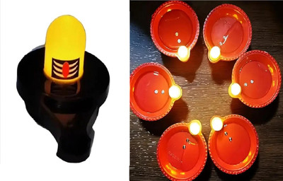 QinPin Combo of Water Sensor Shivlng & 6 Diyas LED Lights Smokeless Decor Plastic (Pack of 7) Table Diya Set(Height: 1.5 inch)