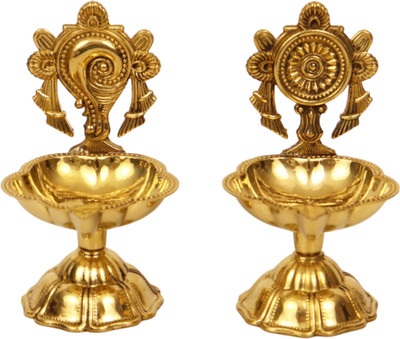 T-KA108 Diya for Puja Lamp for Home Temple Puja-Shanku Chakra Star Diya Set-Small Brass (Pack of 2) Table Diya(Height: 2.5 inch)
