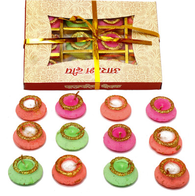 Togline TOGLINE 24 MULTICOLOR WITH GLITTER PRINTED WAX MATKA DIYA Earthenware (Pack of 24) Table Diya Set(Height: 1.3 inch)