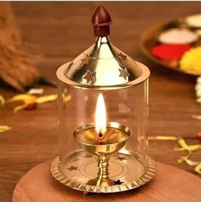 SBBCO Premium Brass & Glass Akhand Diya/Oil Lamp/Pooja Deepak Brass Table Diya(Height: 4.8 inch)