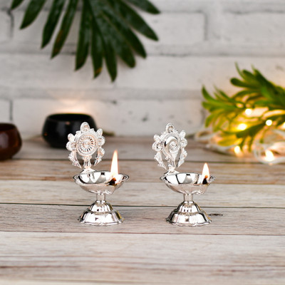 T-KA108 Elegant German silver oil lamp set for puja with Shanku-Chakra. Brass (Pack of 2) Table Diya Set(Height: 3.5 inch)