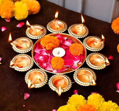 Sgsramganj Urli Golden Shiny Finish 10 Diyas Decorative Iron Table Diya (Height: 10 inch) Brass Table Diya Set(Height: 3 inch)