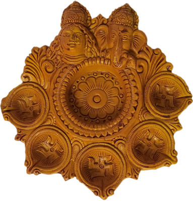 NAVIRA HANDICRAFT Beautiful Laxmi & Ganesha Figurative Design Terracotta 5 Wick Diya Plate Terracotta Table Diya(Height: 2.25 inch)