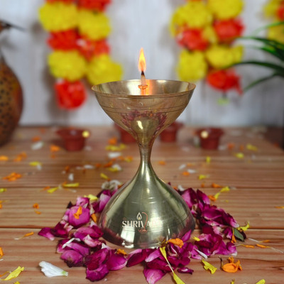 shrivara 16 cm Traditional Brass Akhand Jyot Diya for Pooja and Festivals Brass Table Diya(Height: 6.3 inch)