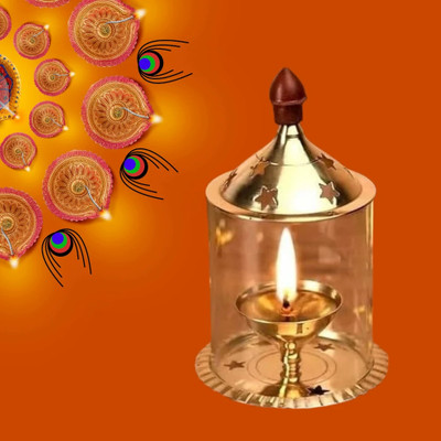 DARIDRA BHANJAN Brass Akhand Diya | Brass Akhand Diya 5 Inch Gold Finish/Table Lamp/ Puja Deepak Borosilicate Glass Table Diya(Height: 5 inch)