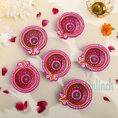 BS NATURAL Decorative Diwali Diyas | Mitti Diya | Mitti Ke Deepak | Mitt Ka Diya | Terracotta Diya | Designer Clay Diya | Diyas for Pooja (Set of 6) - Made in India Pottery (Pack of 6) Table Diya Set(Height: 2 inch)