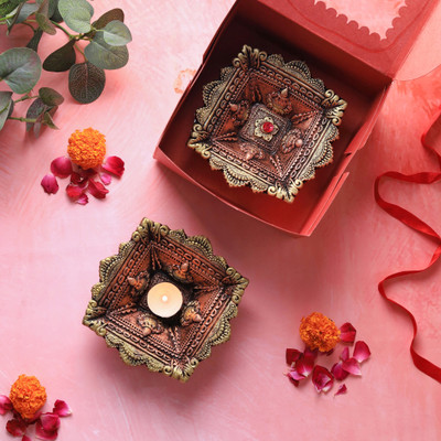 the handicraftian Terracotta (Pack of 2) Table Diya Set(Height: 1 inch)