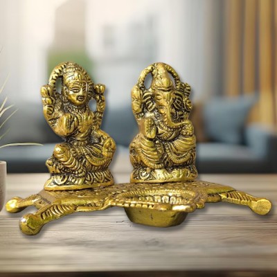 Haridwar Divine Metal Laxmi Ganesh Idol Showpiece Oil Lamp Diya, Aluminium Table Diya(Height: 4 inch)