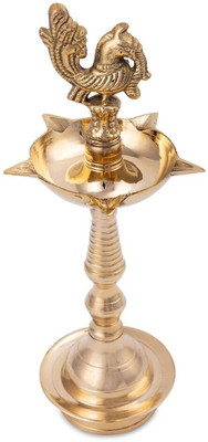 VIKITSU Peacock Brass Diya for Puja | Deepam Lamp | Kadi Samai Brass Pooja Light Brass Table Diya(Height: 10 inch)
