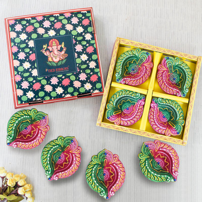 TIED RIBBONS Large Size Clay Diyas Handmade and Handpainted Decorative Terracotta Diyas for Diwali Décor Terracotta (Pack of 8) Table Diya Set(Height: 1 inch)