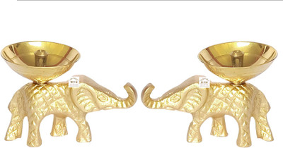 MYK Handicrafts Elephant Diya - Aluminum Elephant with Brass Diya. Aluminium, Brass (Pack of 2) Table Diya Set(Height: 2 inch)