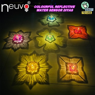 NEUVO Reflection LED 3D Flower Diya Crystal Water Sensor Diya Floating Diwali E-diya Plastic (Pack of 6) Table Diya(Height: 1 inch)