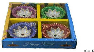 Quickoo Designer Diya 4 - Flower Multicolor - Pack of 4 Earthenware (Pack of 4) Table Diya Set(Height: 1.5 inch)